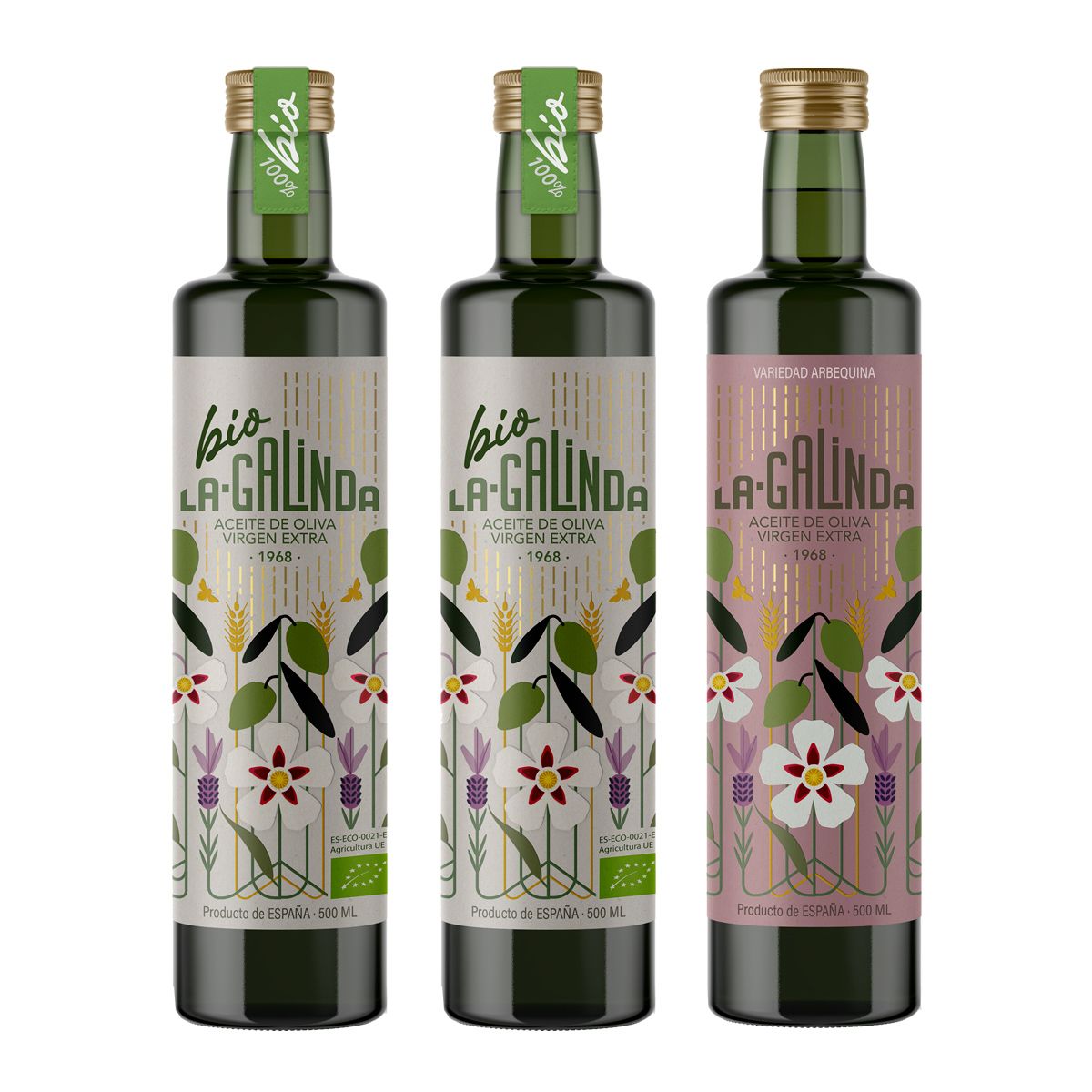 Estuche variedades 3x500 ml: 2 botellas eco + 1 convencional (a elegir picual, arbequina o cornicabra) AOVE La Galinda